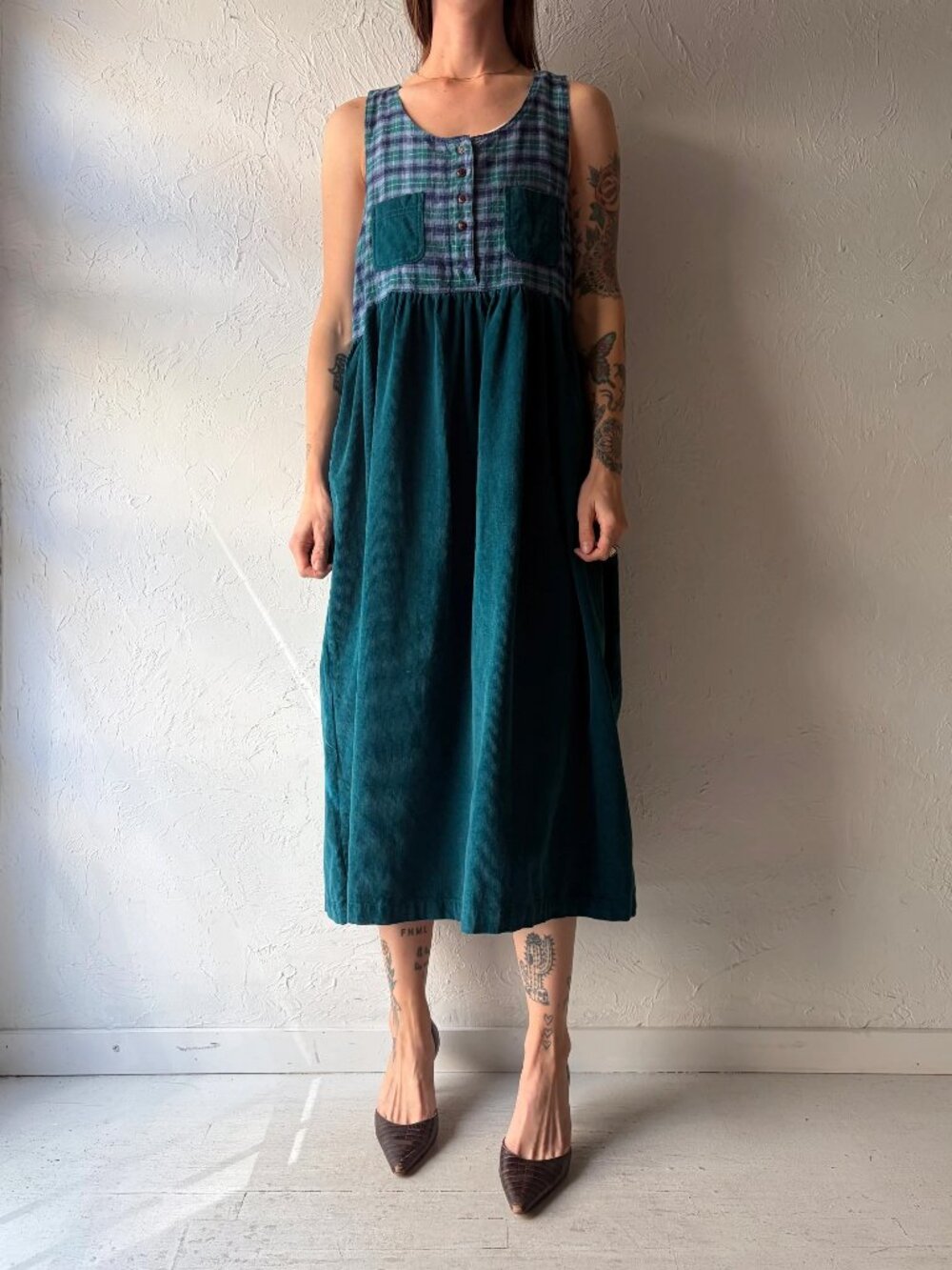 90s 'Erika' Teal Blue Corduroy Cottage Core Chore Dress / Large